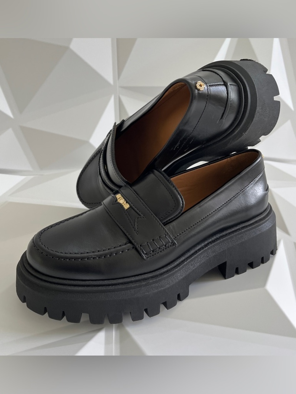 Maje Medallion Platform Penny Loafers Black Leather Chunky Size:38